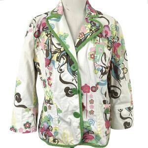 Bisou Bisou Printed Blazer Artsy Y2K Retro Button Jacket Women Size 14